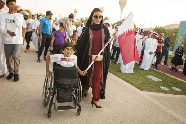 HH Sheikha Moza participates in Al Adaam Flag Relay at Education City
